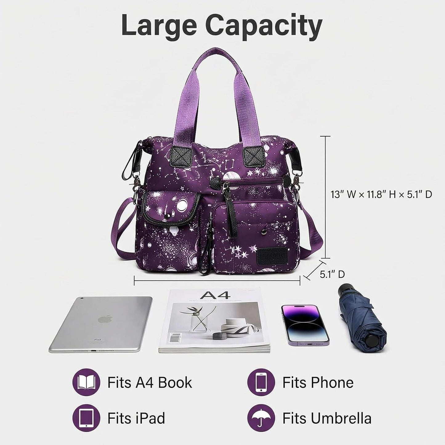 Tote Bag for Women,Large Capacity Top Handle Handbags with Multi Pockets & Zip,Lightweight Ladies Shoulder Bags,Waterproof Nylon Cross Body Messenger Bag for Work, Travel