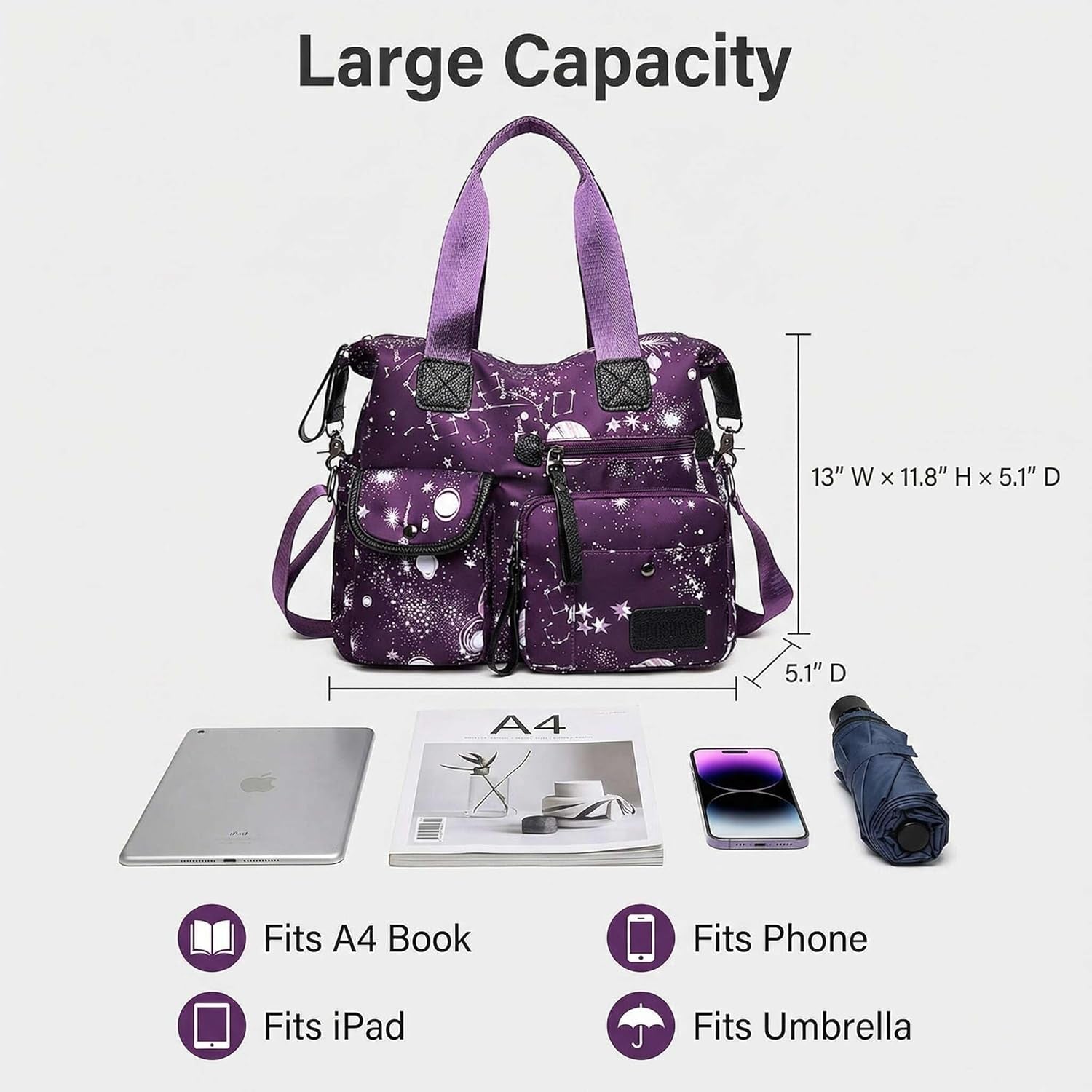 Tote Bag for Women,Large Capacity Top Handle Handbags with Multi Pockets & Zip,Lightweight Ladies Shoulder Bags,Waterproof Nylon Cross Body Messenger Bag for Work, Travel