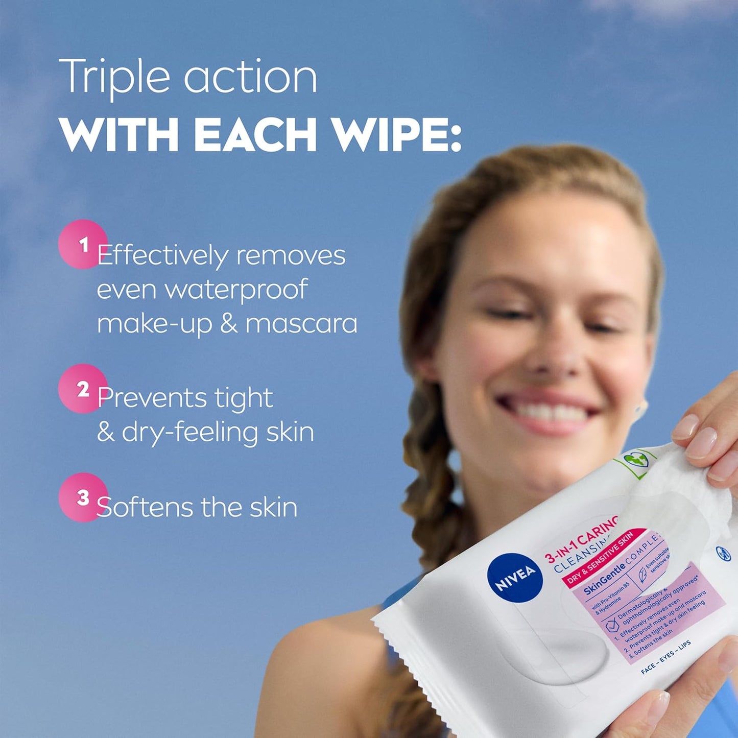 3In1 Caring Cleansing Wipes Dry Skin (40 Wipes), Plant-Based Makeup Remover Sheets, Face Wipes for Dry Skin, Gentle yet Effective Makeup Removal