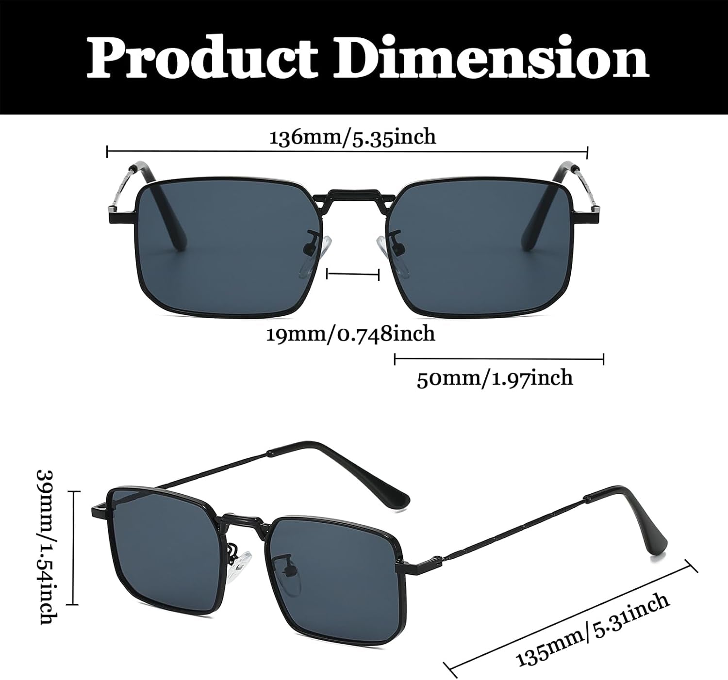 Rectangle Sunglasses Metal Frame for Men Women Retro Square Sunglasses Tinted Lens 90S Vintage Shades UV400 Protection