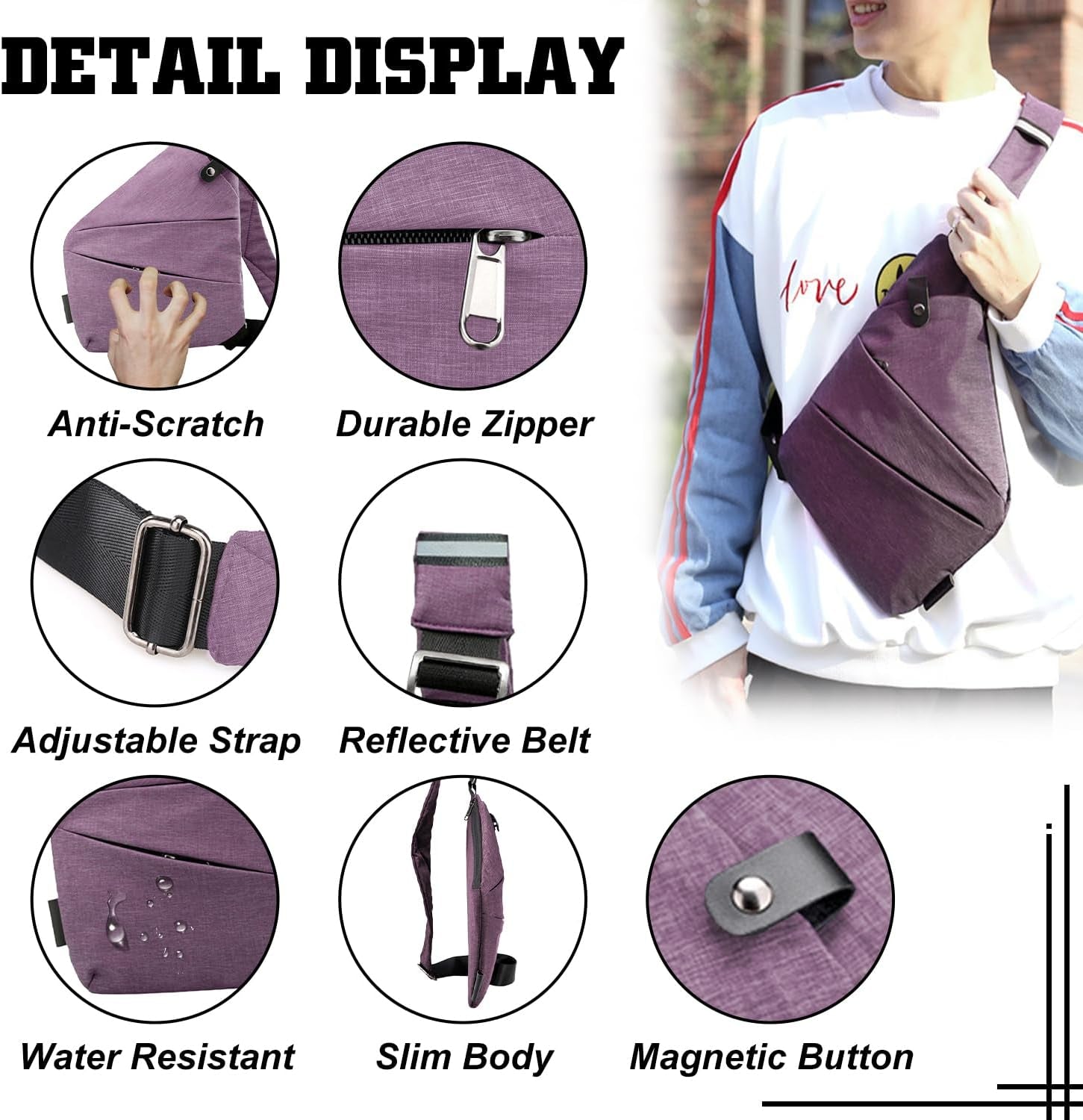 Anti Theft Crossbody Bag for Women Personal Flex Travel Bag Anti-Theft Cross Body Bag Sling Chest Bag for Men （Black）