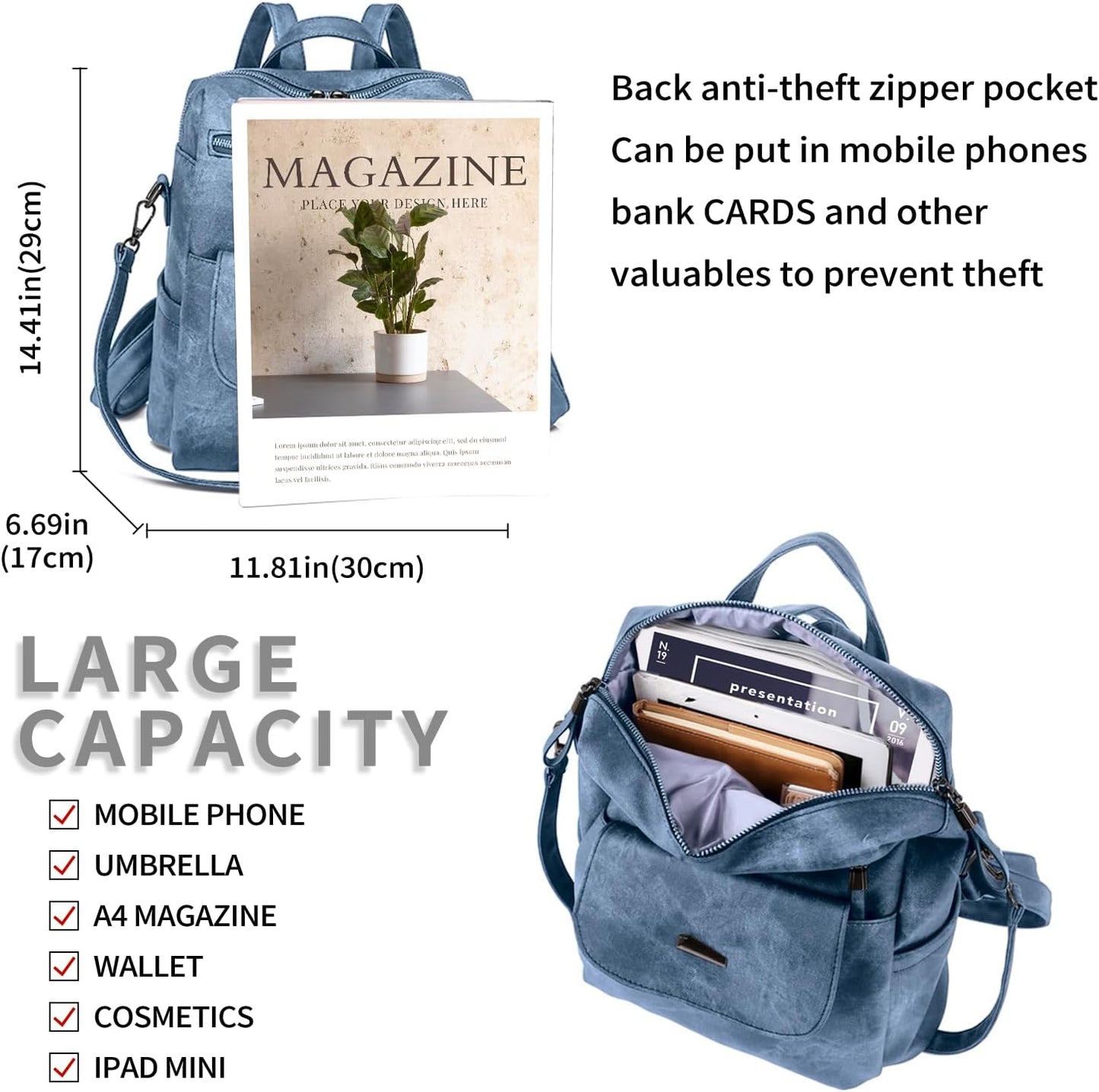 Women Backpack Waterproof Anti-Theft Lightweight PU Fashion Travel Multipurpose Convertible Purse Shoulder Bag Handbag Backpack