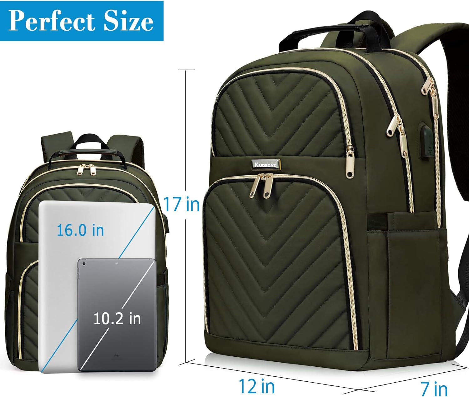 Women'S Backpack, 15.6 Inch School Backpack for Girls, Teenagers with Charging Port, Laptop Backpack, Stylish Daypack, Waterproof for School, University, Travel, Work, Olive Green