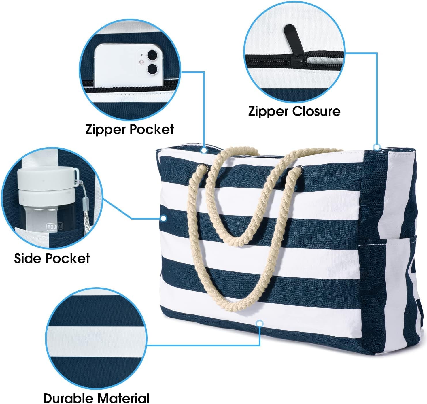 Beach Bag Large Waterproof Beach Tote Bags with Zip and Rope Handle Summer Holiday Essentials Shoulder Handbags for Travel Shopping Pool Gym Picnic