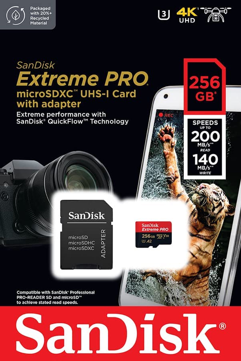 Extreme PRO Micro SD Card 256GB + SD Adapter (For Smartphones, Action Cams, Drones, Speeds up to 200 Mb/S, A2 App Performance + Rescuepro Deluxe UHS-I, Class 10, U3)