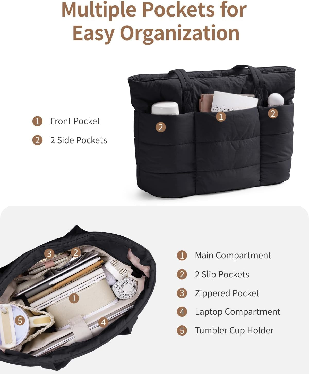 Tote Bags for Women, Ladies Handbags & Shoulder Bags, School Work Laptop Bags for Women, Quilted Puffer Teacher Hand Bag for College Shopping Travel Gym Beach