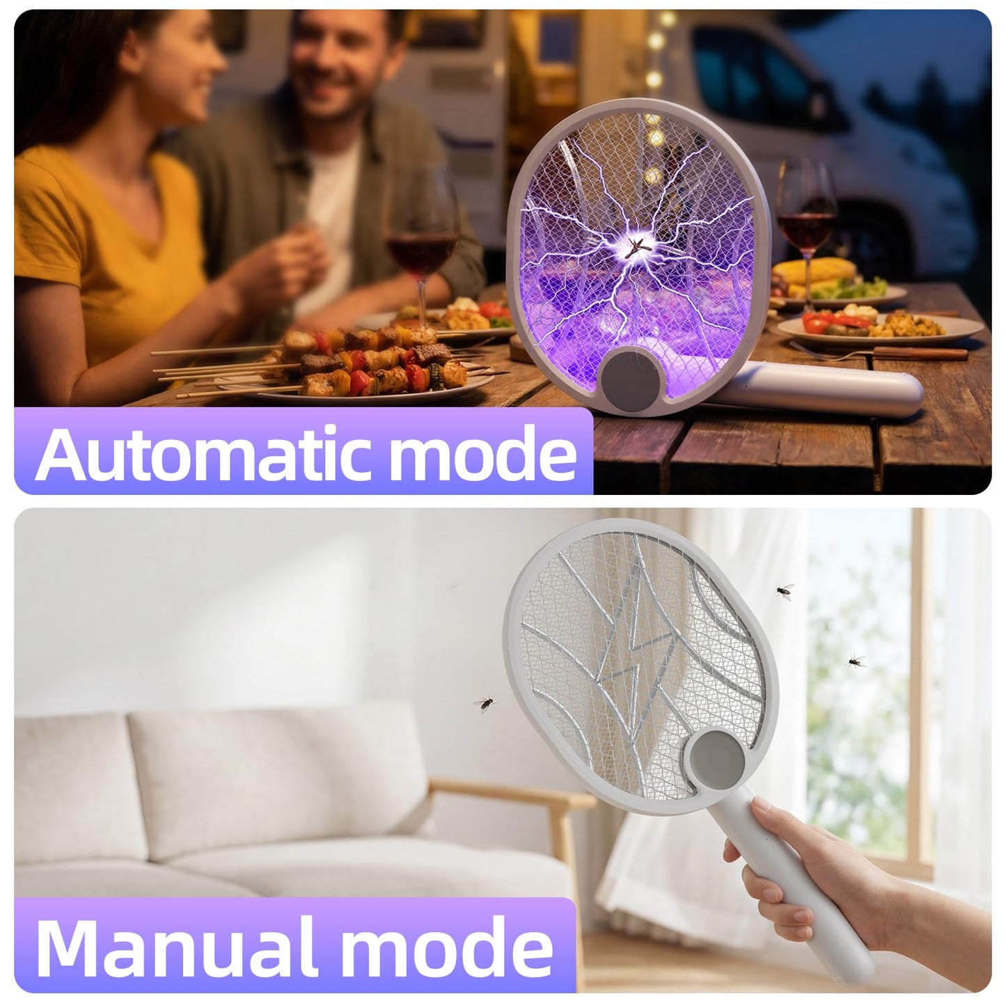 Electric Fly Swatter,4000V Electric Mosquito Swatter with 180-Degree Rotatable Head,Rechargeable 1500Mah Battery Fly Zapper, Portable Insect Killer for Home, Camping & Outdoor, Fly Zapper （White）