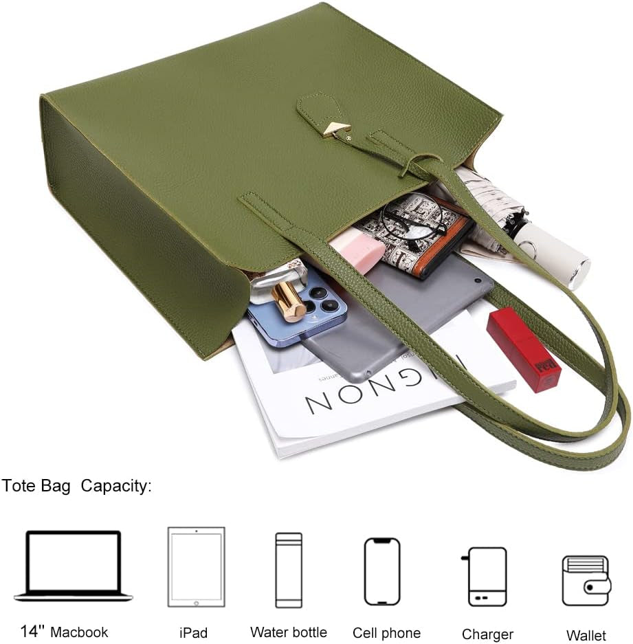 Women'S Tote Bag Large Handbag Soft Leather Simple Shoulder Bag with Zipper for School Work Leisure (A-Green)
