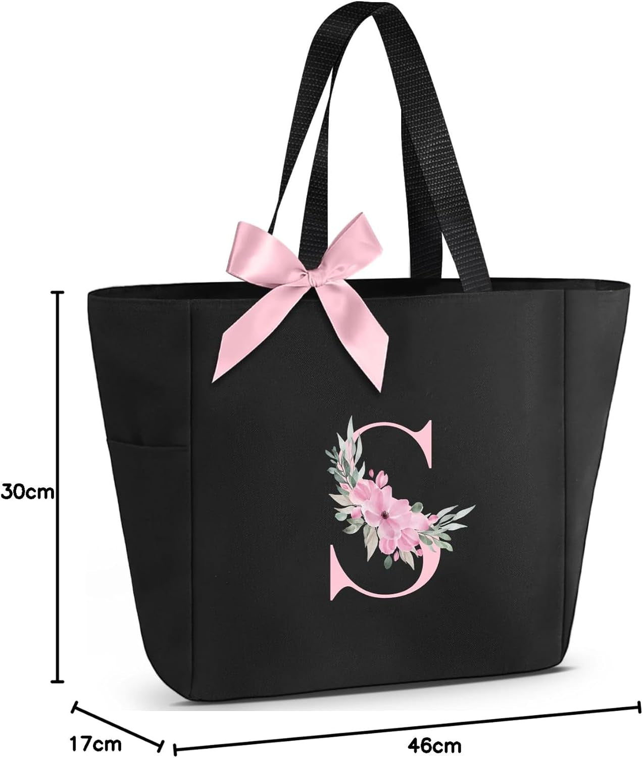 A-Z Initial Personalized Tote Bag, Waterproof Gifts for Women, Bridesmaids, Mom, Teachers, Friends (01-Black, S)