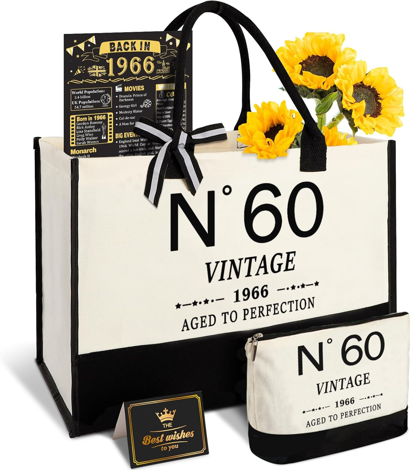 60Th Birthday Gifts for Women Canvas Tote Bag Travel Gear, Unique 60 Years Old Gifts for Wife Sister Mum Aunt Friends Her, Vintage N°60 Handbag & Cosmetic Bag & Back in 1966 Poster