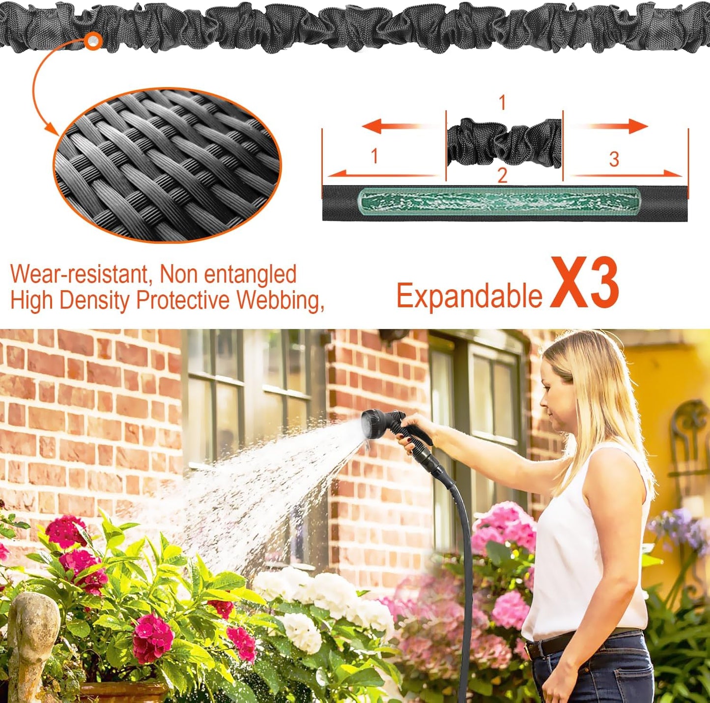 Expandable Garden Hose 50Ft Hose Pipe Expandable with 3/4", 1/2" Fittings, Anti-Leakage - Flexible Expanding Hose with 10 Function Spray Gun
