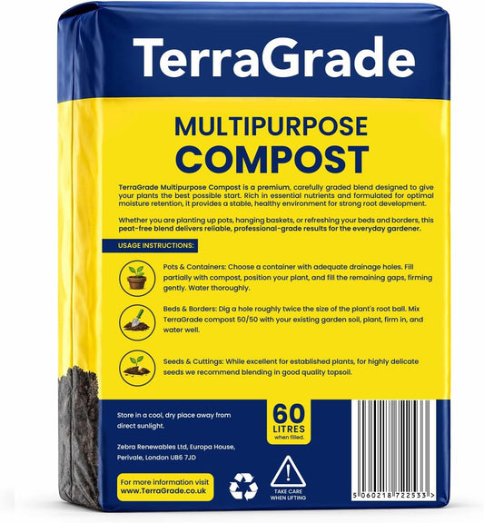 Terragrade Multipurpose Compost 60L | Premium Potting & Garden Soil for Indoor & Outdoor Plants | Nutrient Rich Compost for Vegetables, Seeds, Seedlings & Houseplants | Moisture Retentive Root Boostin
