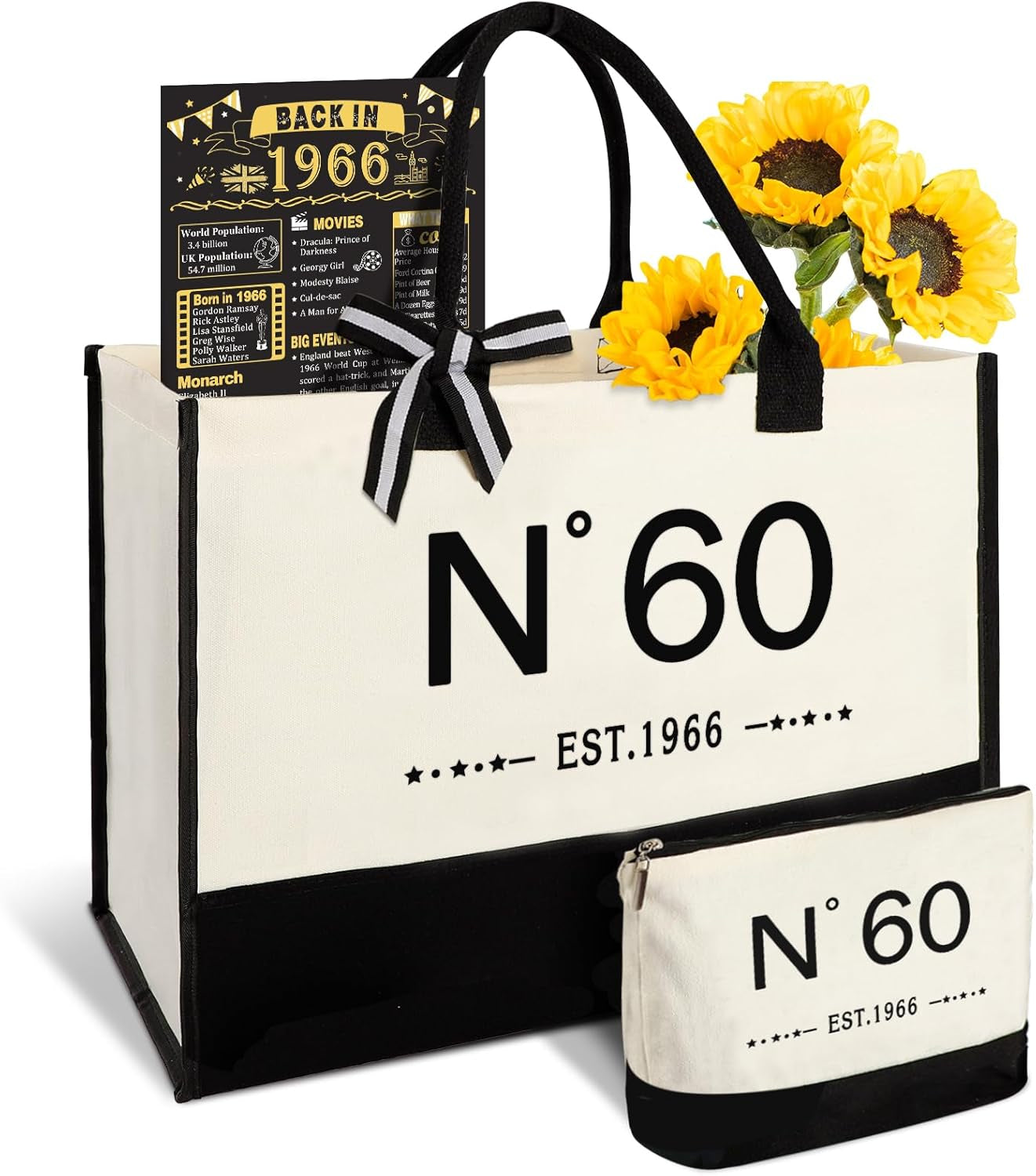 60Th Birthday Gifts for Women Canvas Tote Bag Travel Gear, Unique 60 Years Old Birthday Gifts for Her Mum Wife Aunt Friends, Vintage N60 Handbag & Cosmetic Bag & Back in 1966 Poster