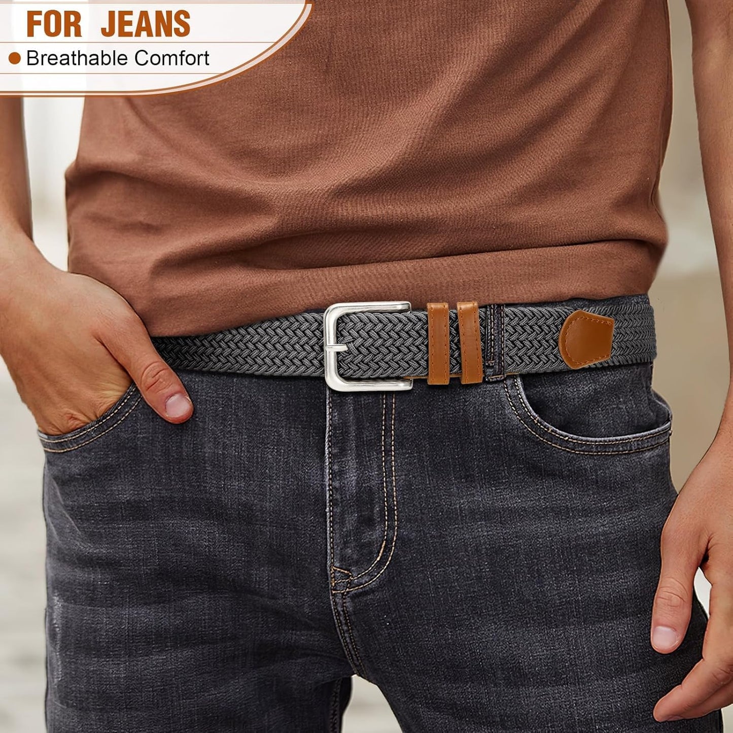 Mens Belt Elastic Belts for Men Stretch Braided Fabric Belts Casual Black Woven Golf Belt for Jeans