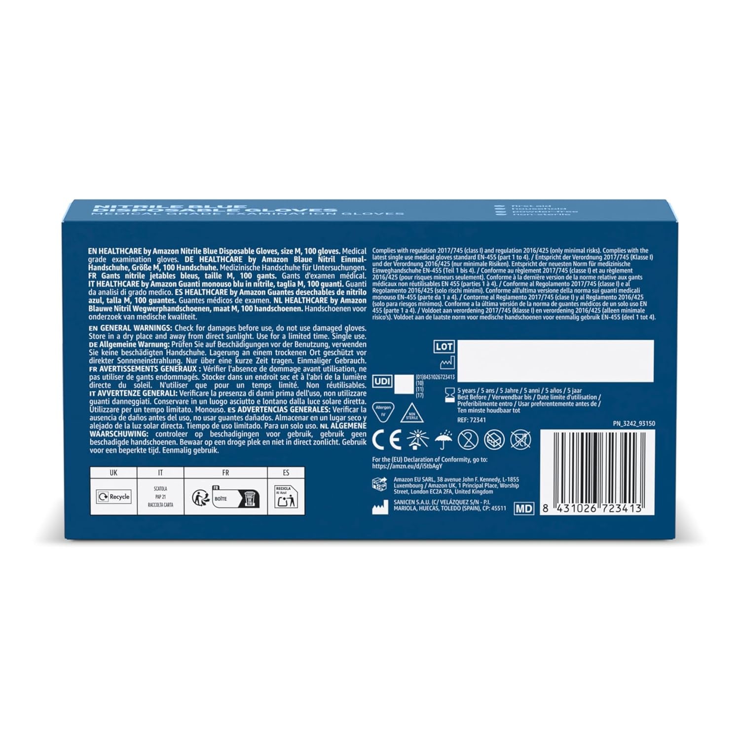 Blue Disposable Nitrile Gloves, Powder-Free, Size M, Pack of 100