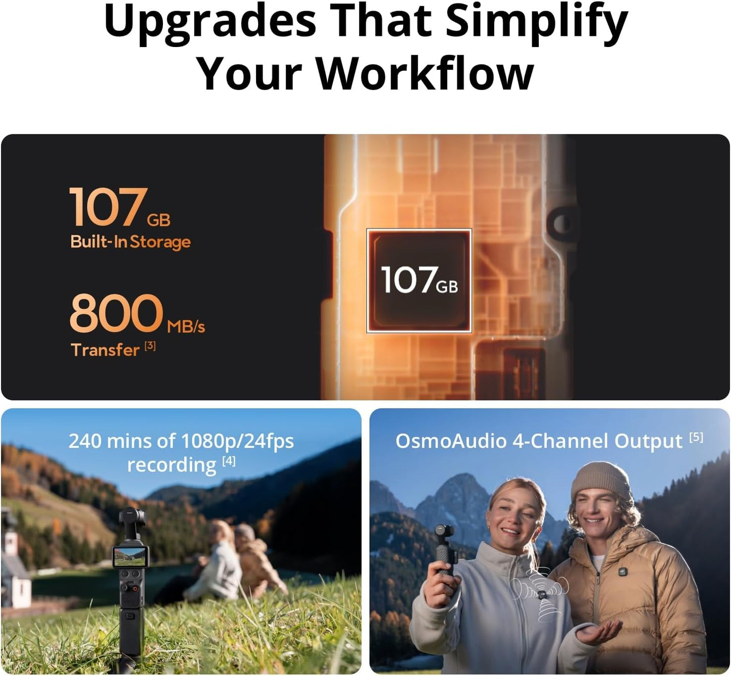 Osmo Pocket 4 Creator Combo, Pocket Gimbal Vlog Camera, 1″ CMOS & 4K/240Fps, 3‑Axis Stabilization, 2× Lossless Zoom, 107GB Built-In Storage, Mic 3 Transmitter, Fill Light, Osmo Mini Tripod
