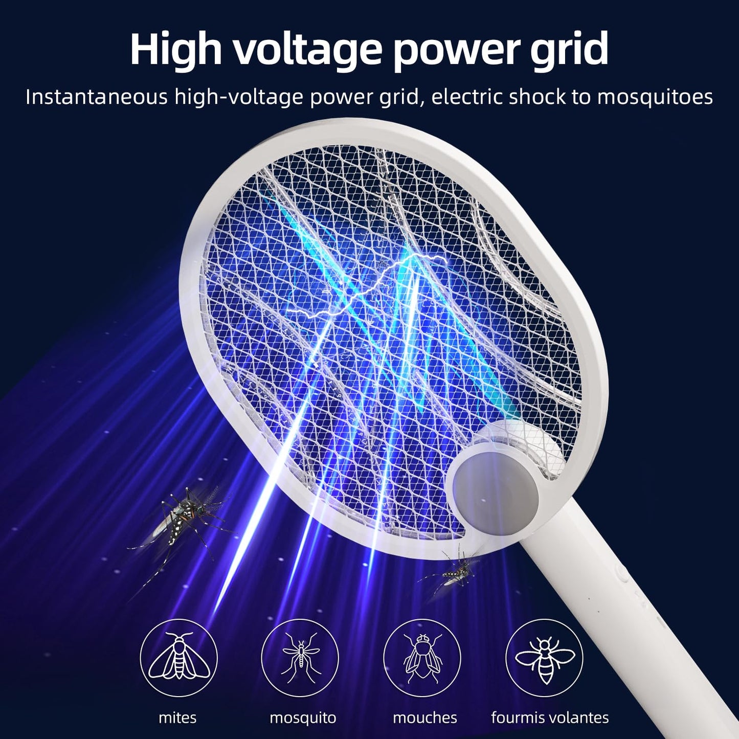 Electric Fly Swatter,4000V Electric Mosquito Swatter with 180-Degree Rotatable Head,Rechargeable 1500Mah Battery Fly Zapper, Portable Insect Killer for Home, Camping & Outdoor, Fly Zapper （White）