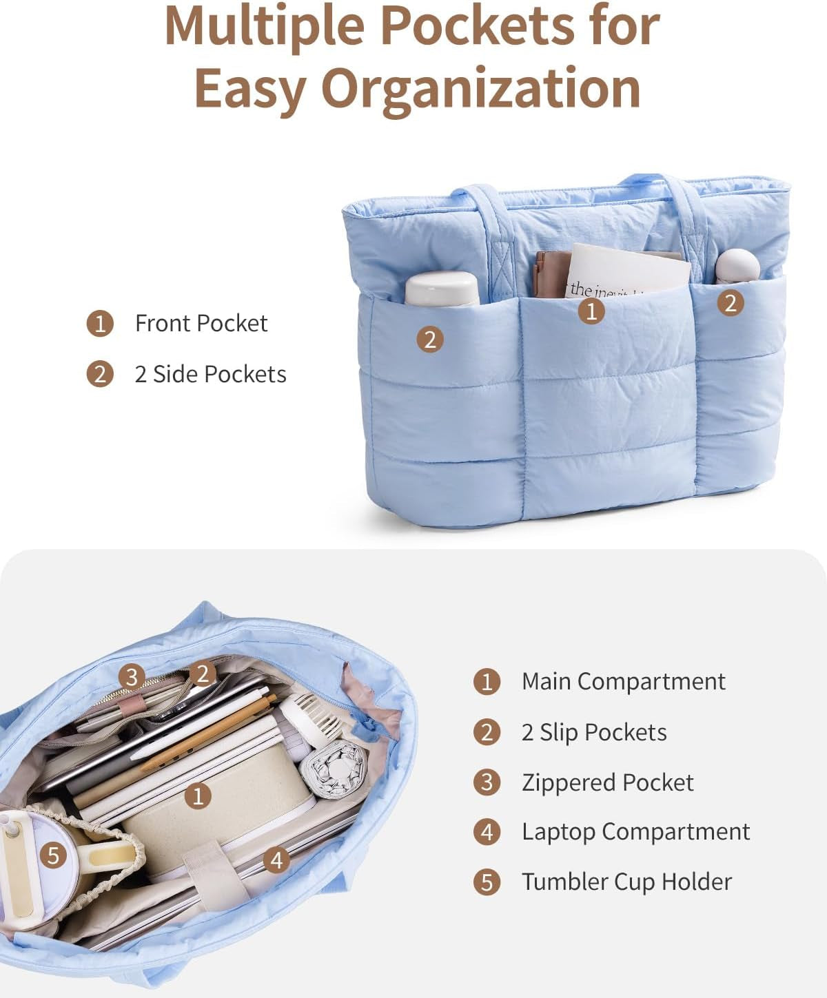 Tote Bags for Women, Ladies Handbags & Shoulder Bags, School Work Laptop Bags for Women, Quilted Puffer Teacher Hand Bag for College Shopping Travel Gym Beach