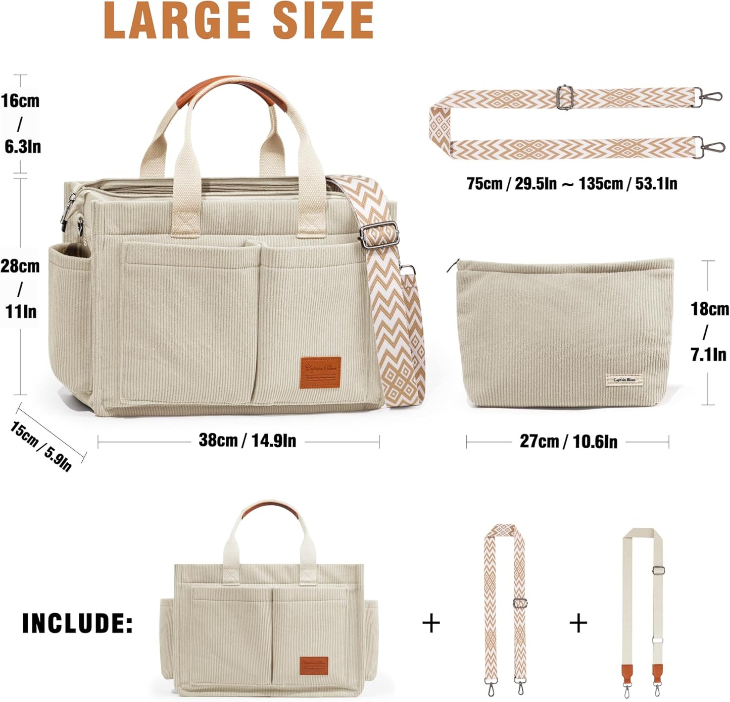 Corduroy Tote Bags for Women with Zipper, Large Capacity Work Bags Shoulder for School, Travel, College, Teacher with Adjustable Strap & Pockets