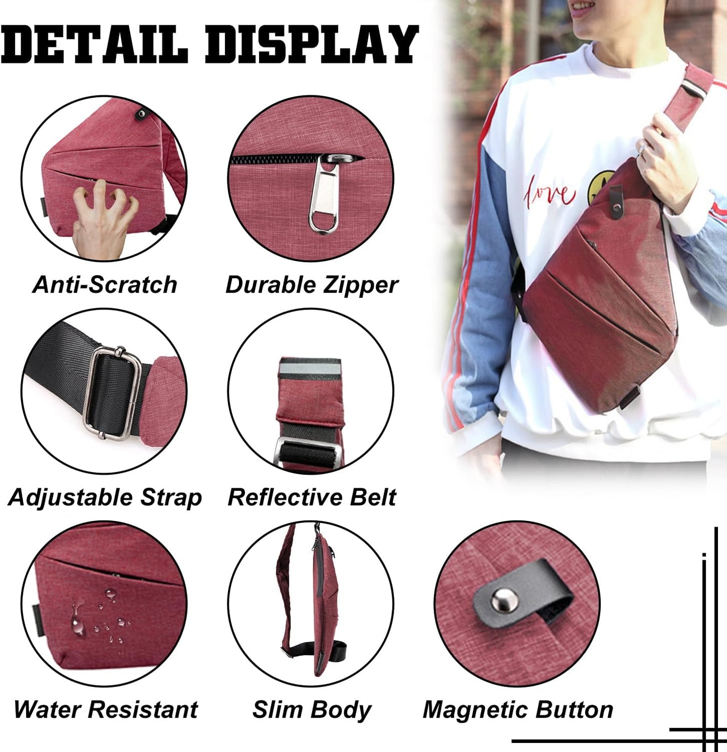 Anti Theft Crossbody Bag for Women Personal Flex Travel Bag Anti-Theft Cross Body Bag Sling Chest Bag for Men （Black）