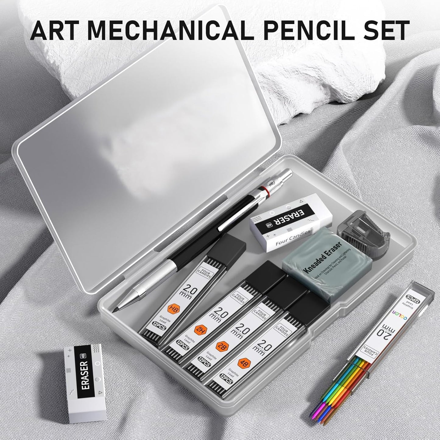 2MM Mechanical Pencil Set with Case, Artist Lead Pencil Metal Lead Holder with 60PCS Graphite Led Refill (HB, 2H, 2B, 4B, Color) Kneaded Eraser, Sharpener for Writing, Drawing, Sketching