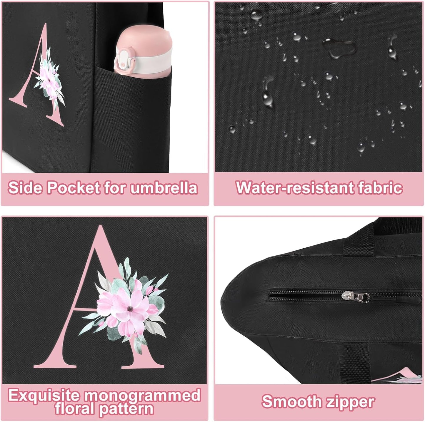 A-Z Initial Personalized Tote Bag, Waterproof Gifts for Women, Bridesmaids, Mom, Teachers, Friends (01-Black, S)